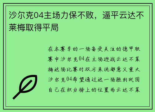 沙尔克04主场力保不败，逼平云达不莱梅取得平局