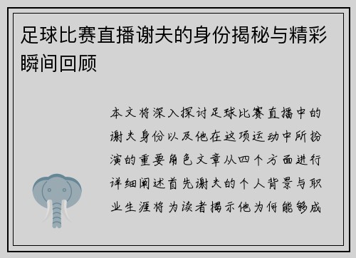 足球比赛直播谢夫的身份揭秘与精彩瞬间回顾
