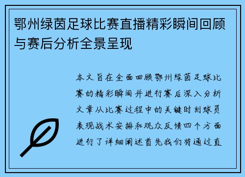 鄂州绿茵足球比赛直播精彩瞬间回顾与赛后分析全景呈现